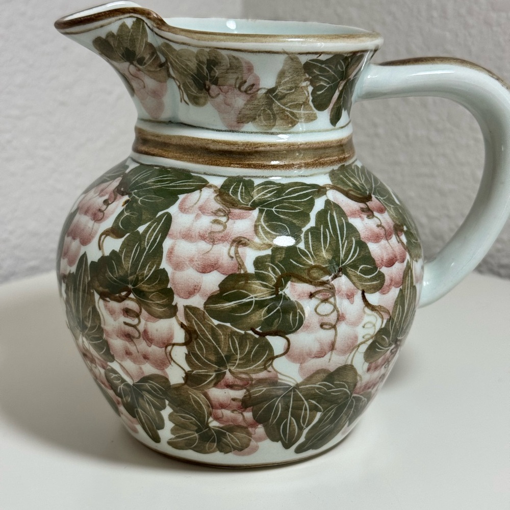 Hand‎ Painted Ceramic Grape Vine Pitcher Creamer Earthy Green Mauve 6.5"